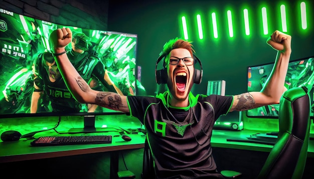 Professional eSports gamer rejoices in the victory and green game room background Generate Ai