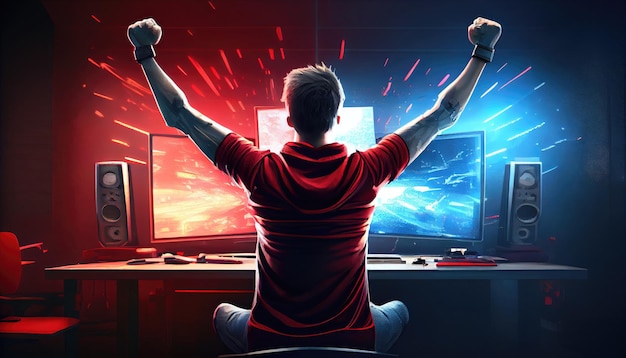 Professional eSports gamer rejoices in the victory and red game room background Generate Ai