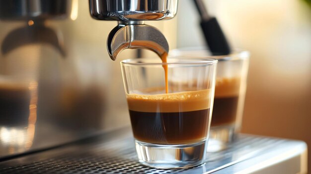 Photo professional espresso machine pouring coffee into glass cups