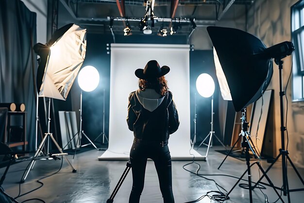 Photo professional fashion photographer guiding a model through a stylized highfashion photo shoot