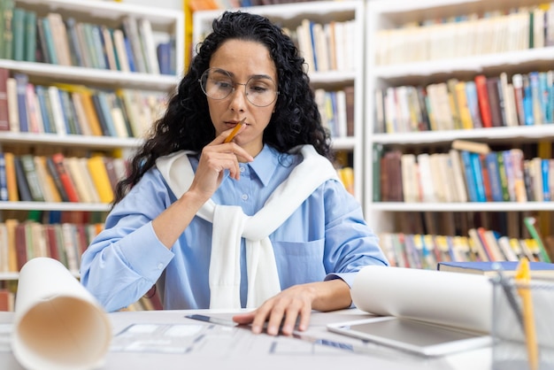 A professional female architect deeply engrossed in examining building blueprints at a library desk