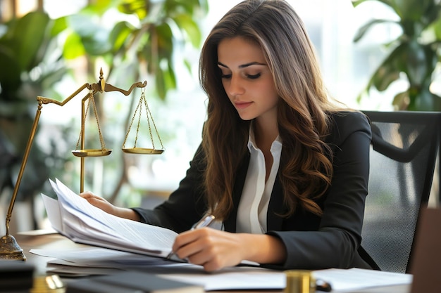 Photo professional female lawyer reviewing legal documents in a law office with scales of justice busine