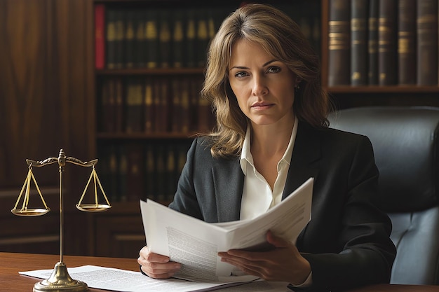 Photo professional female lawyer reviewing legal documents in a law office with scales of justice busine