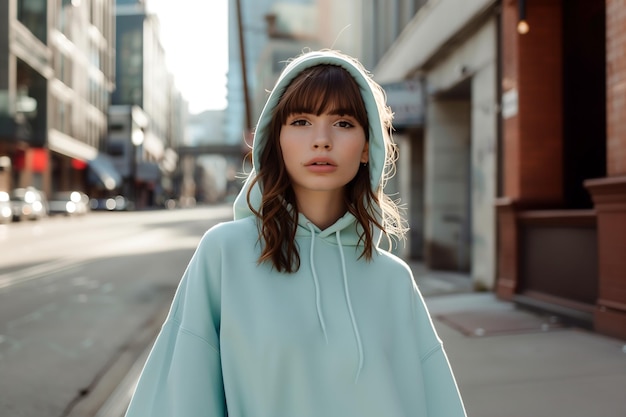 Professional female model Wearing plain mint green hoodie crewneck sweatshirt posing on city street