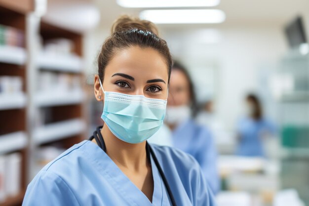 professional female pharmacist wearing mask in pharmacy