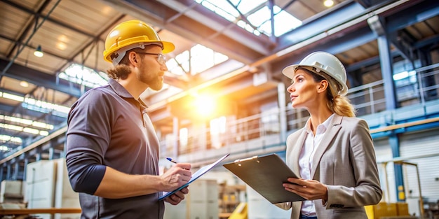 Professional Female Production Manager Discussing Plans with Worker in Industrial Setting