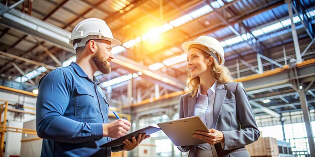 Professional Female Production Manager and Worker in Industrial Setting Discussing Plans