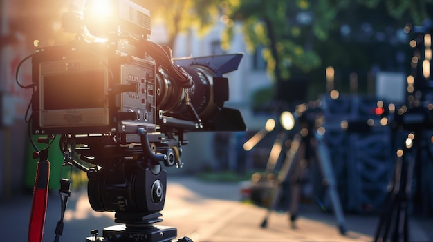 A professional film camera is set up on a tripod in an outdoor setting capturing the golden hour light as it filters through the trees