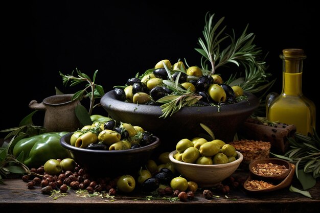 Professional food photography of a bowl with olives