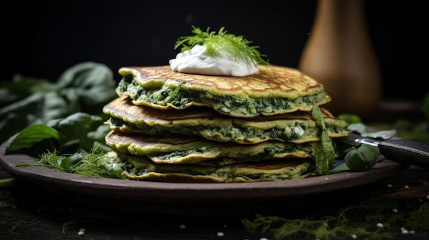 Professional food photography of Spinach pancakes with cottage cheese