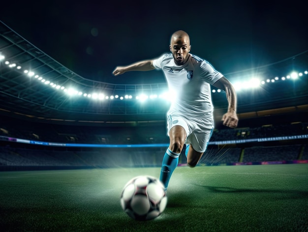 Professional football or soccer player in action on stadium with flashlights kicking ball for winning goal football Generative Ai