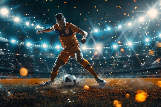 Professional football or soccer player in action on stadium with flashlights