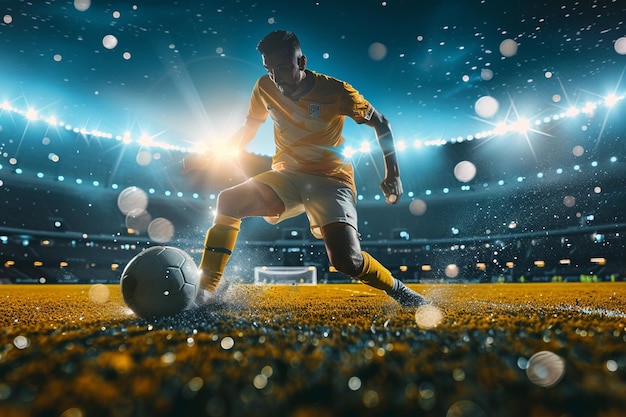 Professional football or soccer player in action on stadium with flashlights