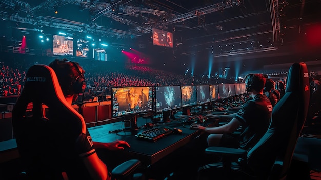 Photo professional gamers compete in an esports tournament focused on their computer screens