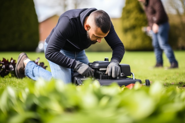 Professional gardener meticulously trimming the green grass in a well kept garden