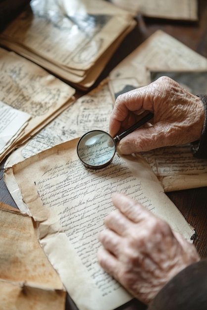 Photo professional genealogist analyzing old family documents magnifying glass historical records focused