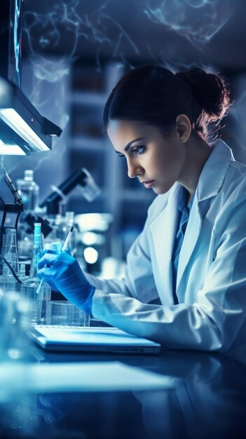 Professional Genetic engineer female scientist is working on a vaccine in a scientific research laboratory Biotechnology Microbiology Chemistry Healthcare Pandemic Medicine Technology concepts