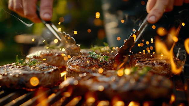 Photo professional grilling action with juicy steaks on fire