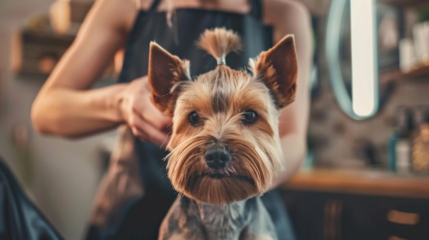 Photo professional groomer gives haircut to dog in hairdressing salon with professional equipment grooming