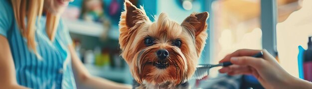 Professional groomer smiling while holding a comb and grooming a cute small dog in a brightly lit pet salon highlighting the attentive care and cleanliness