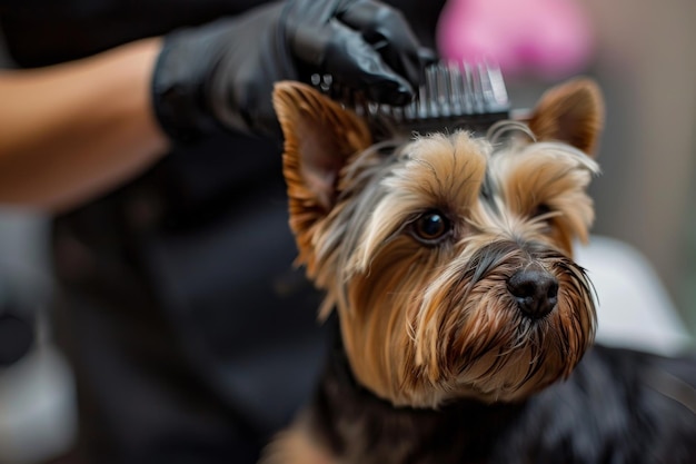 Photo professional groomer trimming haircut dog at pet spa grooming salon