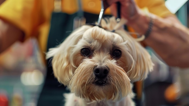 Photo professional groomer trimming haircut dog at pet spa grooming salon