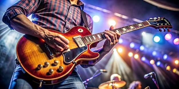 Professional Guitarist Performing Electrifying Guitar Solo on Stage Closeup