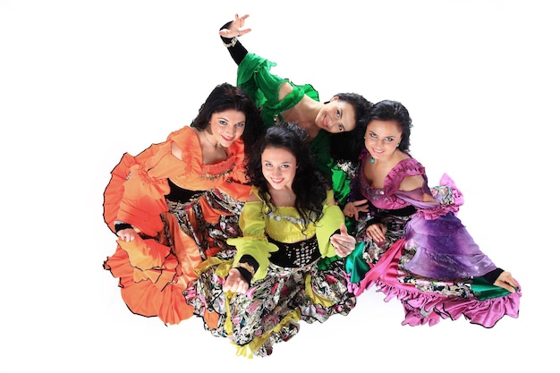 Professional Gypsy dancing group in national costumes performing folk dance