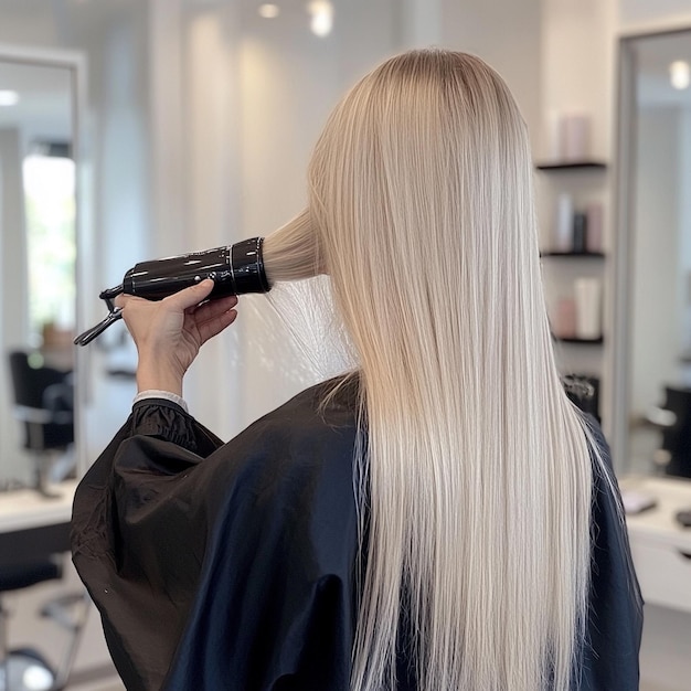 Professional hairdresser drying long blond hair of customer in salon v 61 Job ID 0ff731be239141ba8e8a02bee2583b16