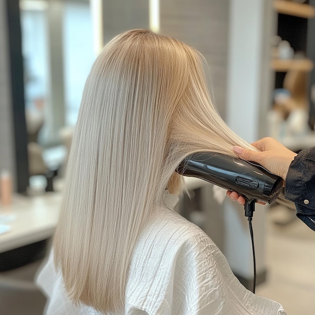 Photo professional hairdresser drying long blond hair of customer in salon v 61 job id 0ff731be239141ba8e8a02bee2583b16