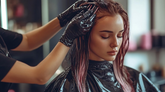 Professional Hairdresser Dyeing Clients Hair in Beauty Salon