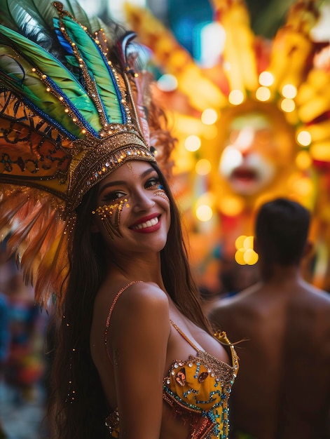 Professional half body portrait of sensual and cute brazilian woman Rio carnival participant