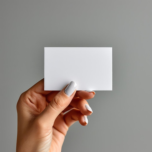 Professional Hand Holding a Blank Business Card Ideal for Branding and Corporate Identity Against a Neutral Grey Background