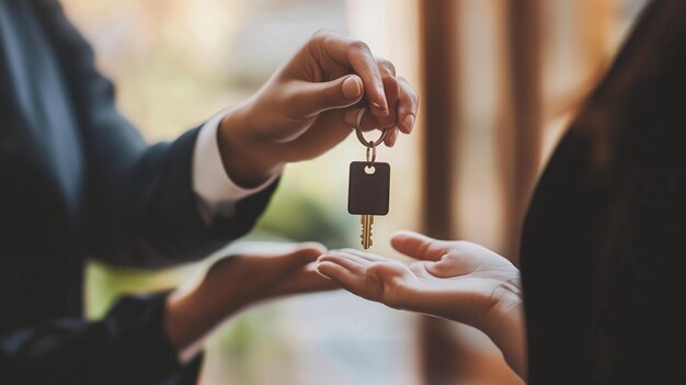 A professional hands over a key to a client during a real estate transaction in a modern office setting