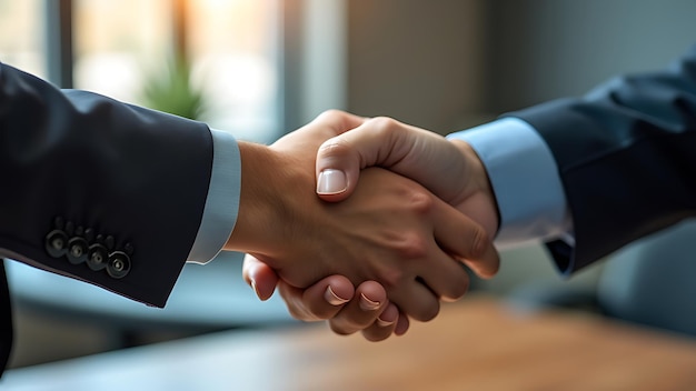 Professional handshake sealing a business deal with an urban backdrop symbolizing partnership trust and collaboration in a corporate setting