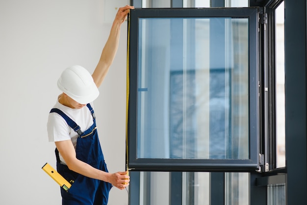 Professional handyman installing window at home