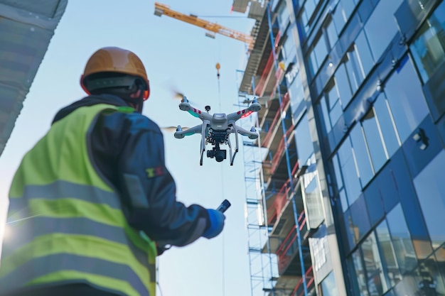 A professional in highvisibility gear pilots a drone beside a skyscraper ensuring building safety