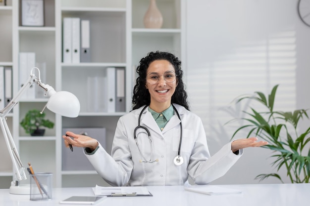 A professional hispanic woman doctor is engaging in a video call consultation in a welllit office