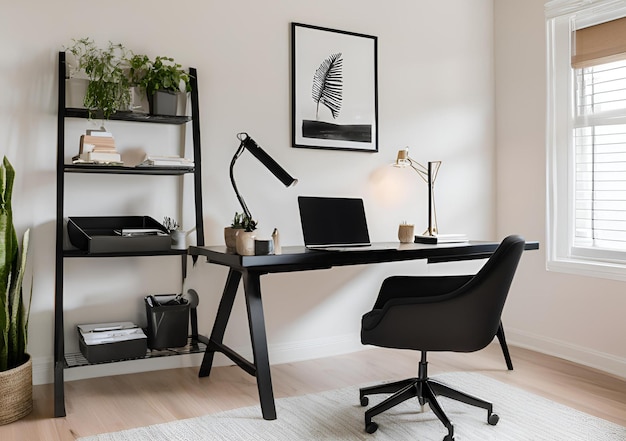 Photo a professional home office with black desk and soft lighting