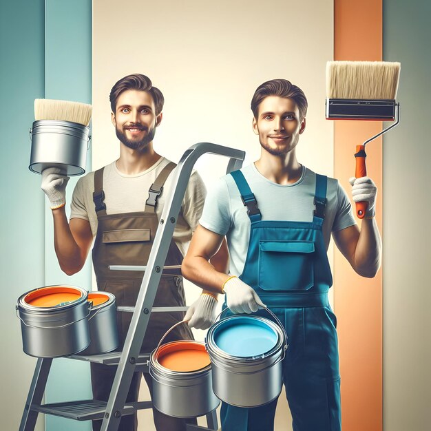 Photo professional home painting services two painters with ladders and paint cans on a clean background