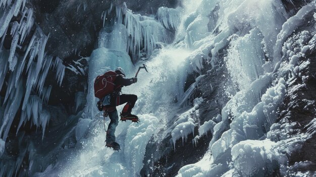 Photo professional ice climber ascending frozen waterfall in extreme winter environment