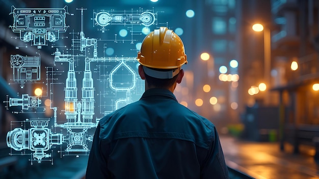 Professional in Industrial Attire Analyzing Futuristic Schematics and Technology at Night