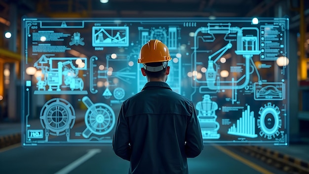 Professional in Industrial Attire Analyzing Futuristic Schematics and Technology at Night