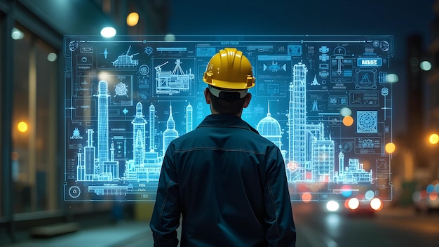 Professional in Industrial Attire Analyzing Futuristic Schematics and Technology at Night