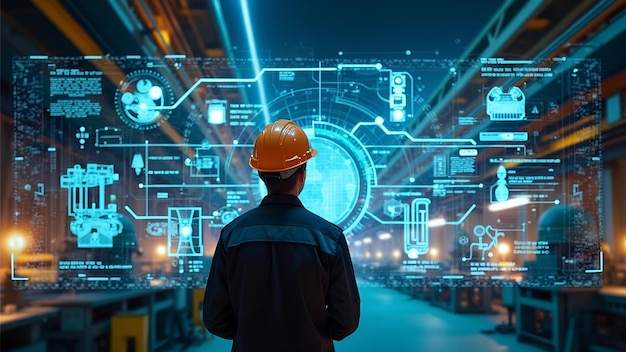 Professional in Industrial Attire Analyzing Futuristic Schematics and Technology at Night