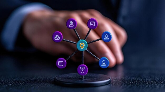 A professional infographic showing how social media management is distributed through the company hierarchy with vibrant icons