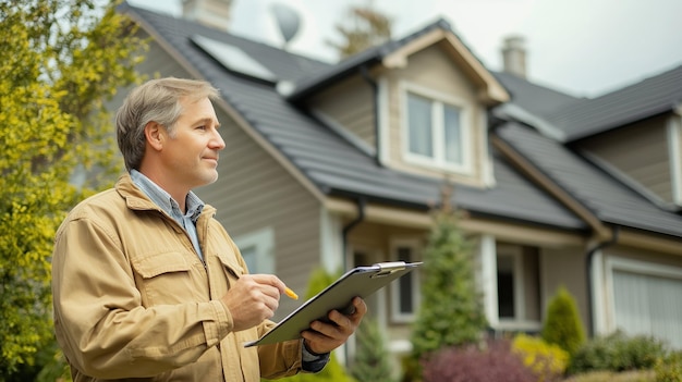 Professional inspector examines a residential property outside while making notes on clipboard during a sunny day in autumn