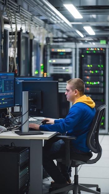 Photo professional it programer working in data center on desktop computer with two displays while doing