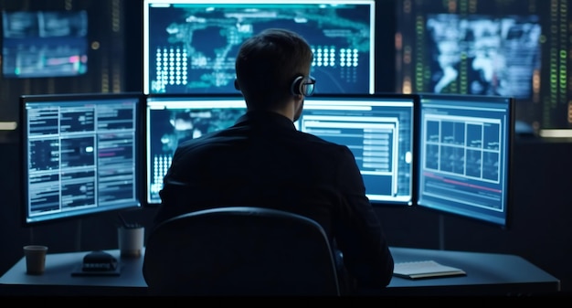 Professional IT programmer working in a data centre at night