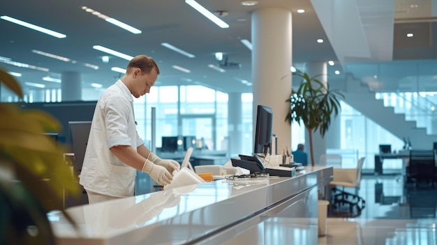 Photo professional janitor cleaning white desk in office environment for pristine cleanliness